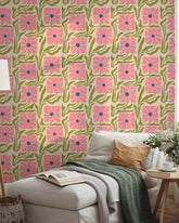 Pink Retro Flowers Wallpaper from Coloritto, featuring a vibrant floral design that adds a vintage touch to any room. Coloritto, Naperville
